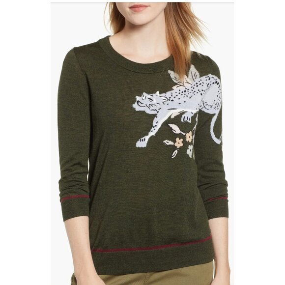 J.Crew Tippi Intarsia Green Cheetah Merino Wool Sweater Size Small - Picture 1 of 9